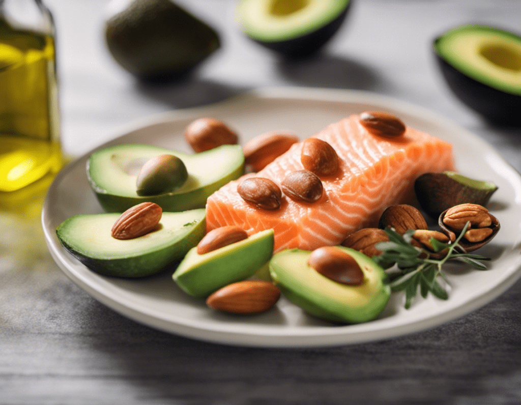 an image showcasing a colorful plate filled with heart-healthy keto foods, such as avocado, salmon, nuts, and olive oil, emphasizing the importance of fats in a balanced diet