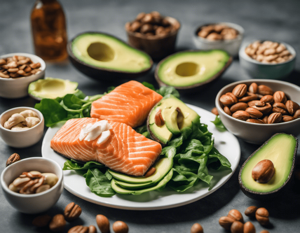 an image showcasing a perfectly balanced plate filled with high-fat, low-carb foods, such as avocado, salmon, leafy greens, and nuts. Ensure the visual emphasizes portion sizes and the importance of macros in maintaining ketosis.