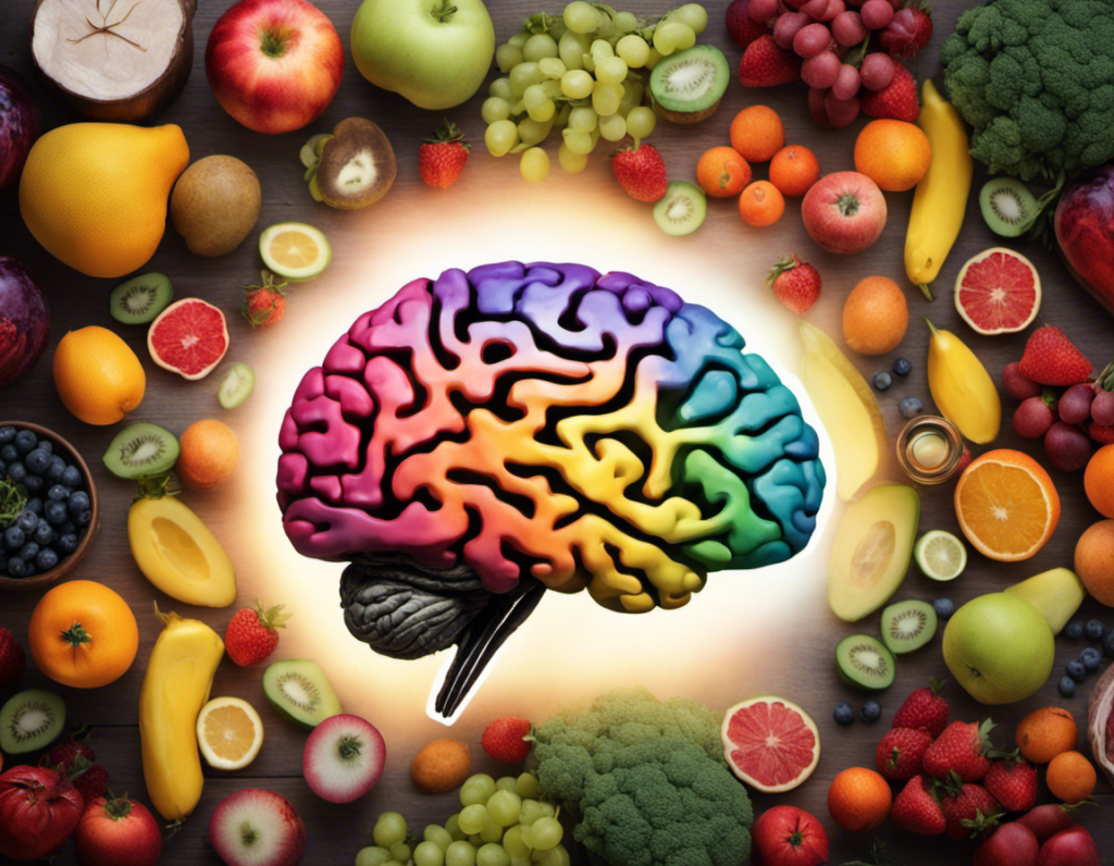 an image depicting a brain with vibrant neural connections, surrounded by colorful fruits, vegetables, and healthy fats. Show the brain glowing with energy, symbolizing the scientific link between the ketogenic diet and enhanced mental functioning