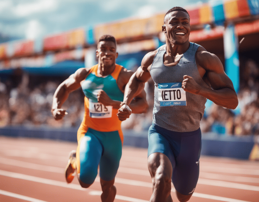 an image showcasing a triumphant athlete with a chiseled physique, sprinting across a finish line on a track, surrounded by vibrant colors that represent the scientifically optimized state of peak performance while following the keto diet.