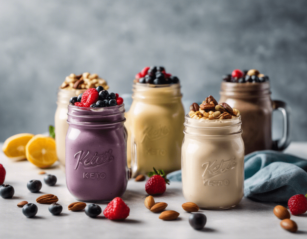 an image displaying a colorful array of glass mason jars, each filled with a rich, creamy homemade keto shake. Garnished with fresh berries, nuts, and a drizzle of dark chocolate, this enticing visual showcases the top keto shake recipes for a healthy lifestyle