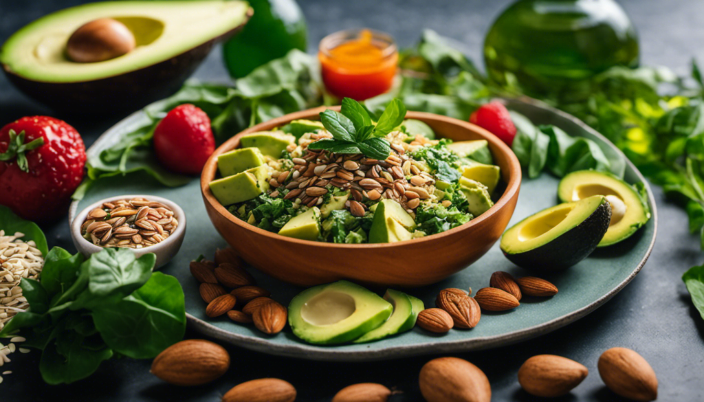 An image showcasing a colorful plate filled with plant-based keto-friendly foods like avocado, coconut oil, leafy greens, almonds, tofu, and flaxseeds