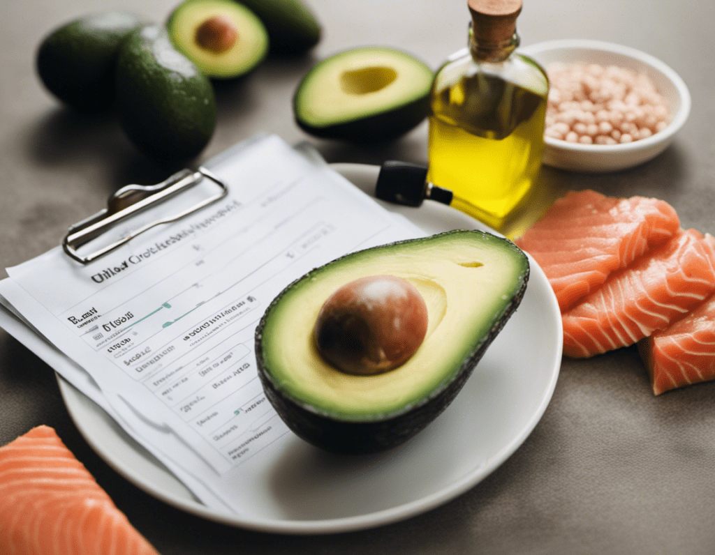 an image showcasing a plate of heart-healthy foods like avocados, olive oil, and salmon alongside a blood cholesterol test report, emphasizing the connection between the keto diet and cholesterol levels