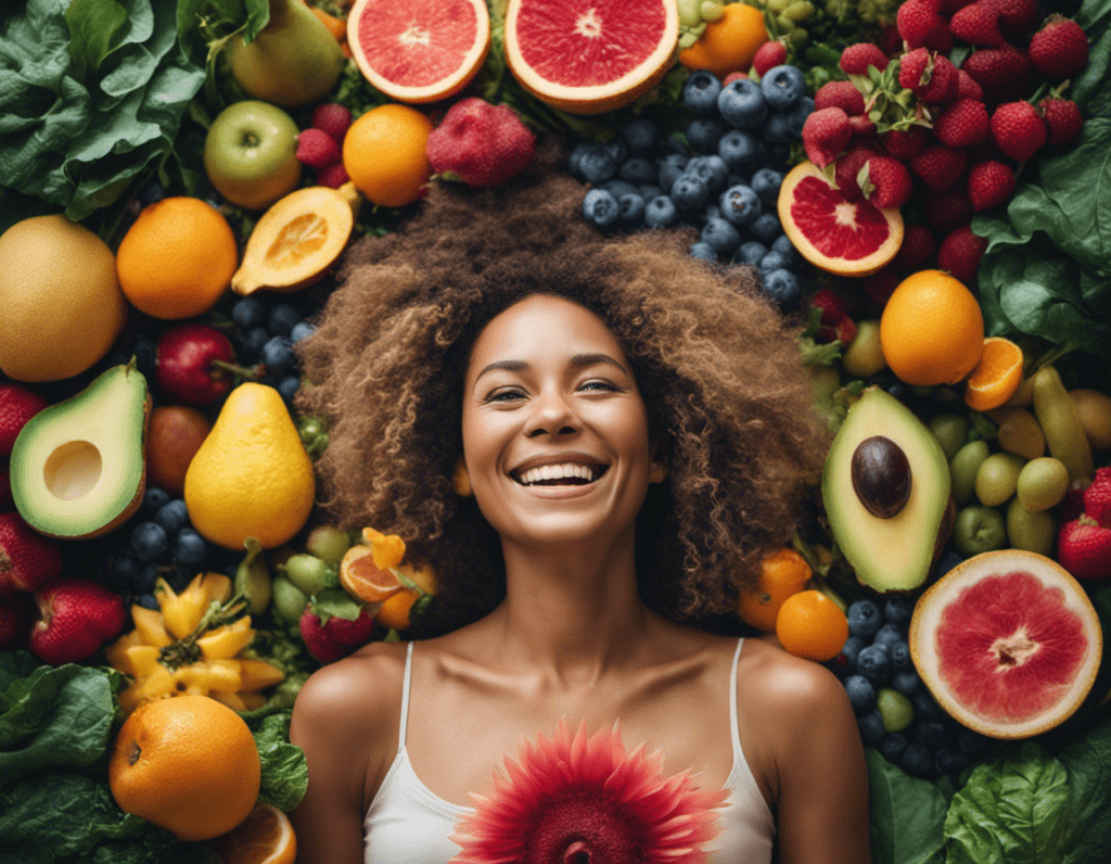 an image showcasing a woman with a radiant smile, surrounded by vibrant fruits, leafy greens, and healthy fats. The woman's menstrual cycle is represented by a blossoming flower, symbolizing the positive impact of keto on hormonal balance