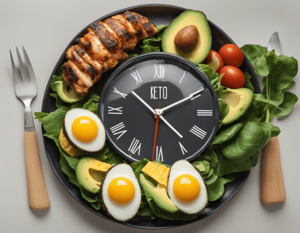 an image showcasing a colorful plate filled with nutrient-rich, low-carb foods like avocados, leafy greens, grilled chicken, and eggs, paired with a clock indicating a fasting window, symbolizing the perfect blend of the Keto diet and Intermittent Fasting for beginners