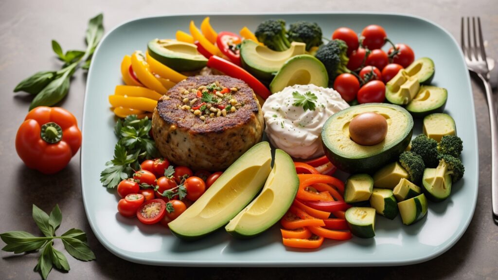 an image showcasing a perfectly balanced plate of keto-friendly foods rich in macronutrients for an athlete's diet. Showcase a generous portion of lean protein, healthy fats, and low-carb vegetables arranged aesthetically on a plate