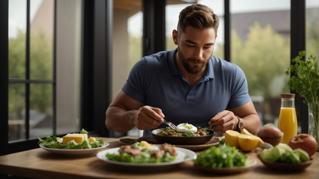 an image showcasing a person eating a low-carb, high-fat meal within an 8-hour window, emphasizing the benefits of meal timing for achieving and maintaining ketosis. Depict the person's body transitioning into a fat-burning state