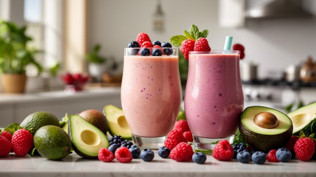 an image showcasing a vibrant assortment of Keto smoothie ingredients, like leafy greens, avocados, berries, and coconut milk. Include a blender in action, blending the ingredients into a delicious, creamy smoothie