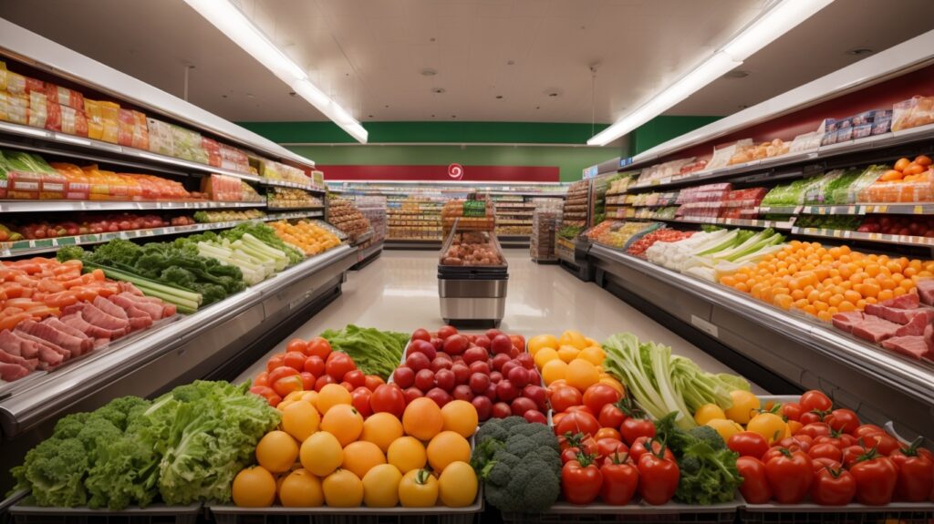 an image showcasing a well-organized supermarket aisle, brimming with vibrant, fresh vegetables, high-quality meats, and low-carb dairy products. Display contrasting shelves with processed snacks, sugary beverages, and refined grains, all visibly crossed out or avoided.