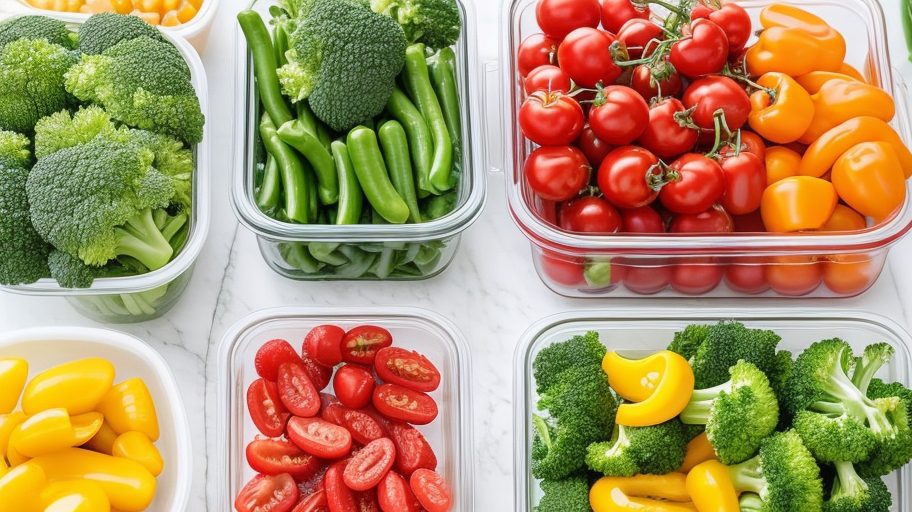 an image showcasing a well-organized keto meal prepping station with neatly stacked containers filled with vibrant, colorful veggies, perfectly portioned proteins, and labeled compartments for condiments and spices