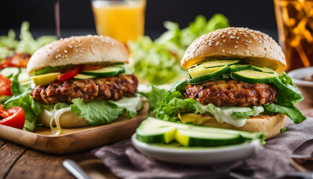 An image showcasing a colorful array of mouthwatering low-carb fast food options, including a juicy lettuce-wrapped burger, crispy chicken tenders, zucchini noodles with creamy alfredo sauce, a loaded salad, and a refreshing sugar-free iced tea