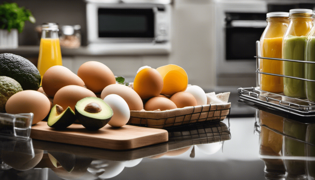 An image depicting a kitchen with neatly organized shelves filled with affordable keto-friendly foods like eggs, avocados, cauliflower, and canned tuna