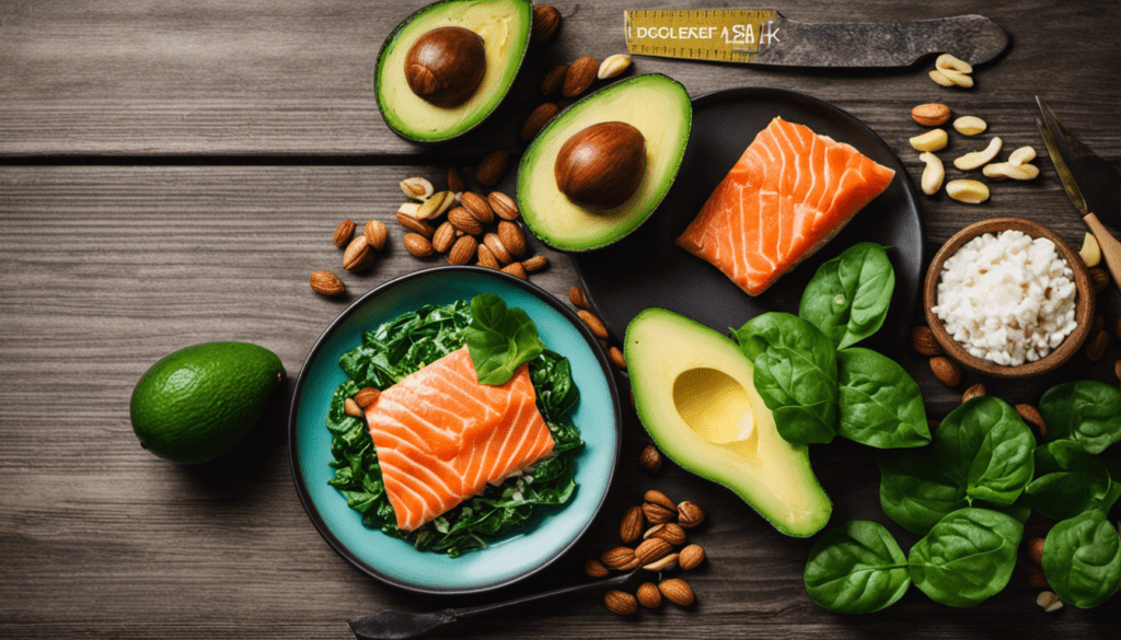 An image that showcases a colorful plate filled with nutrient-dense, high-fat foods like avocado, salmon, spinach, and nuts, alongside a measuring tape and a keto-friendly recipe book, symbolizing the essential elements and benefits of the keto diet